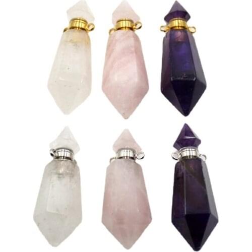 Natural Gems Hexagon prism Perfume Bottle pendant gold-Electroplated essential oil diffuser Healthy Crystal vial for necklace