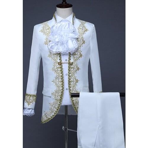 New White Groom Wedding Suit Retro European Drama Performance Costume Slim Fit Men Prom Party Gold Trim Jacket Pants 2 Pieces