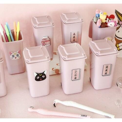 New Creative Cute Pink Trash Can Pen Holder Desktop Storage Pen Holder Makeup Brush Storage Bucket