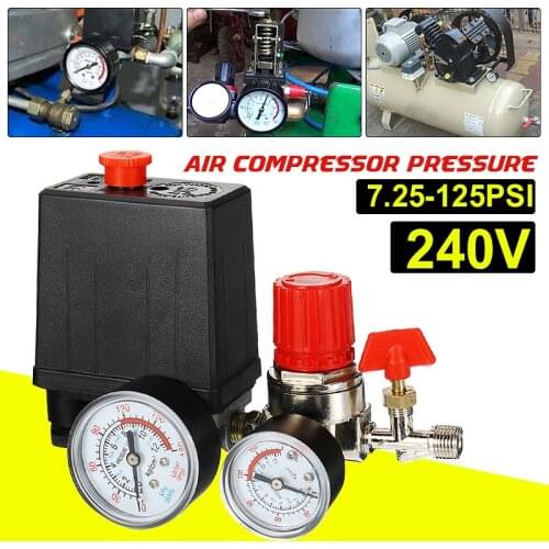 Air Compressor Pump Pressure Control Switch 240V Manifold Relief Regulator 7.25-125 PSI Control Valve with Gauge