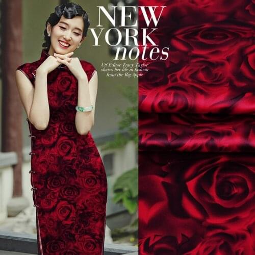 Silk Satin Fabric Dress Summer style 100% red rose patchwork patchwork (1 meter)
