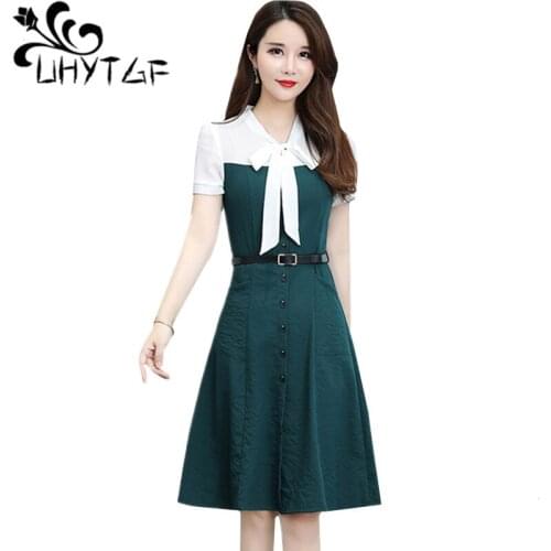 UHYTGF Summer dresses Fashion chiffon stitching bandage dress women single-breasted pullover vintage dress female plus size 803