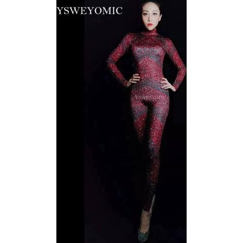 Bright Dark Red Black Rhinestones Spandex Jumpsuit Bar Nightclub Outfit Women Singer Dance Prom Clothes Leggings Bodysuit Outfit