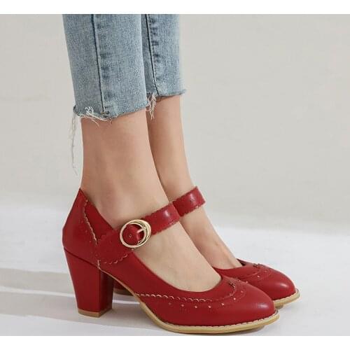 YMECHIC 2020 Fashion Lolita Womens Shoes Pink Red Black Block Women Heels Mary Jane Party High Heel Shoes Plus Size Pumps 34-45