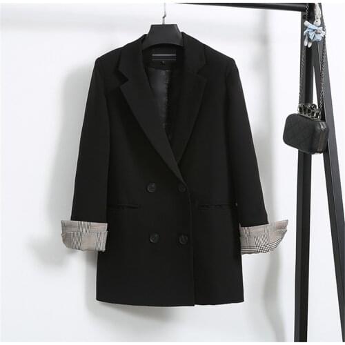 Loehsao Brand Newest Double Button Notched Women Black Suit Fashion Blazers Autumn Spring Slim Grid Mid-Length Cotton Lady Coat