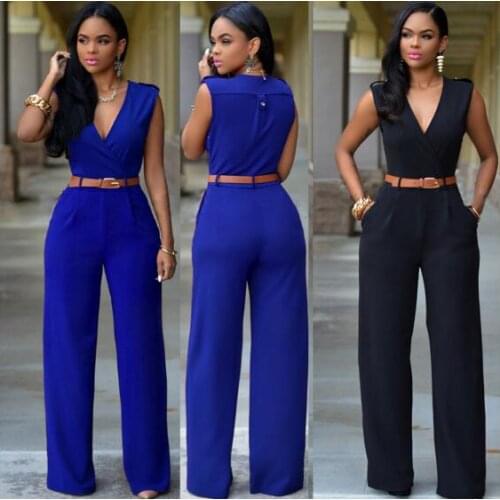 Women Jumpsuit Long Pants Rompers Sleeveless V-neck 2019 Summer Wide Leg Pants Jumpsuirt With Belt Sexy Club Party Overalls