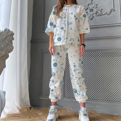Womens Spring/Summer Loose Casual Comfortable Middle-Sleeve Trousers Clothes Sweatshirt Fashion Abstract Printed Two Piece Set