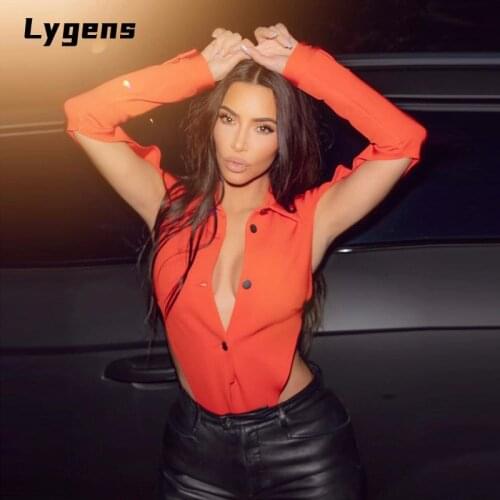 Lygens 2021 Summer Women Hollow Out Patchwork Long Sleeve Shirt Thong Bodysuit Turn Down Collar Sexy Streetwear Club Fashion