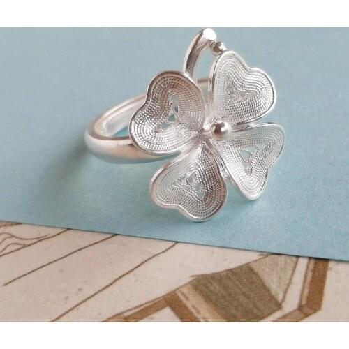Bastiee 999 Sterling Silver Women Rings Four Leaf Clover Flower Adjustable Engagement Silver Ring Luxury Jewelry Boho Handmade