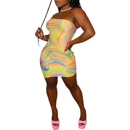 Women Summer Sheath Dress Adults Strapless Color Block Printed Boat Neck