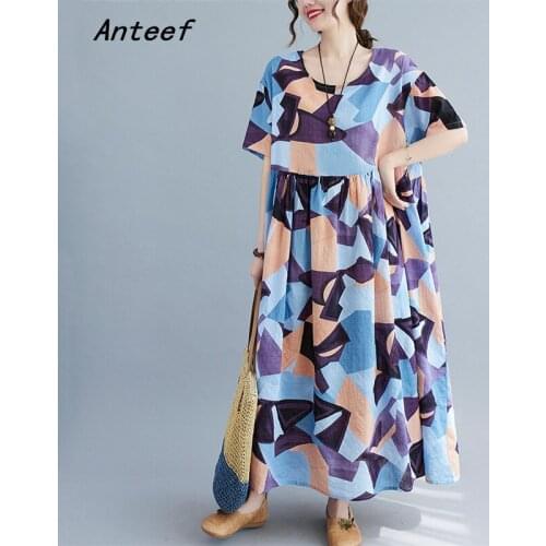 Short sleeve cotton vintage floral dresses for women casual loose long woman summer dress elegant clothes 2021