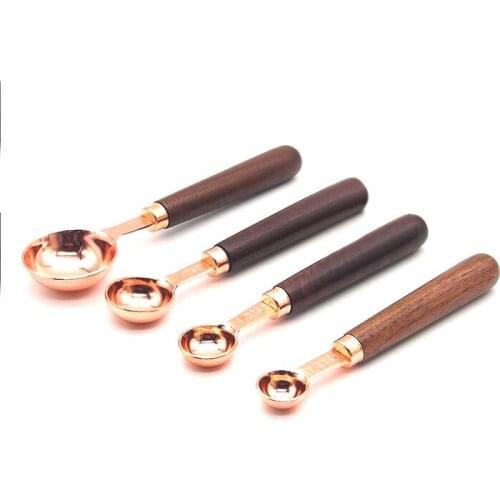 4pcs/set Stainless Steel Measuring Spoons With Wooden Handle Rose Gold Color Coffee Tea Scoops Kitchen Gadgets Baking Tools