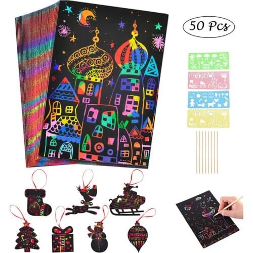 50pcs Magic Color Rainbow Scratch Art Paper Card Set with Graffiti Stencil for Drawing Stick DIY Art Painting Toy For Kids U3