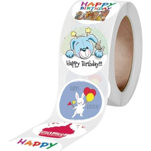 500Pcs/Roll Kids Children Baby Cartoon Happy Birthday Round Sticker Labels for Scrapbooking Cards Envelopes Party Decoration Gif
