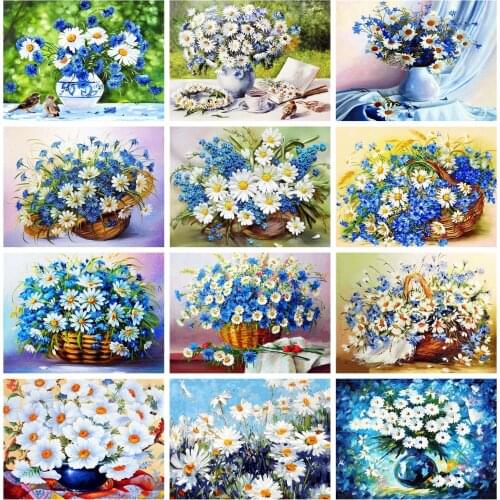 FIIYO 5d DIY Diamond Embroidery Cross Stitch Daisy Cornflower Diamond Painting Full Round Mosaic Flower Vase Basket Needlework