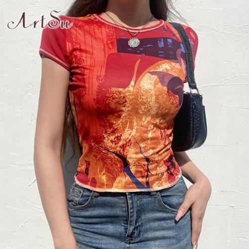 ArtSu Harajuku Crop Top Summer Y2K Streetwear Short Sleeve O Neck Slim Printed T-Shirts Women 90s Basic Casual Tee Shirt TS52911
