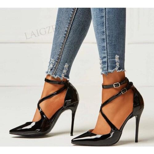 BERZIMER Women Heels Shiny Ankle Straps High Heel Pumps Office Lady Party Club Cosplay Sandals Shoes Woman Big Size 38 43 45 47