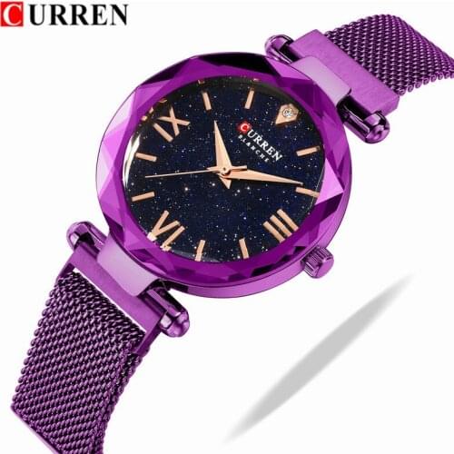 NEW CURREN Luxury Women Watches Mesh Ladies Clock Magnet Buckle Starry Diamond Geometric Surface Casual Dress Quartz Wristwatch