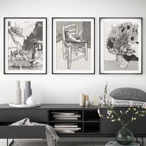 Black and White Posters and Prints Van Gogh Starry Night Canvas Painting Funny Cat Wall Art Pictures for Living Room Home Decor