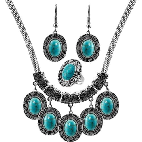 FYSL Silver Plated Oval Shape Green Turquoises Stone Pendant Drop Earrings Finger Ring Jewelry Set
