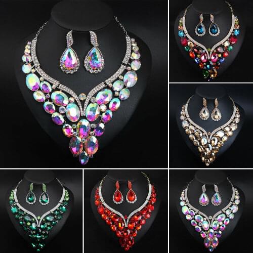 New African Jewelry Set Crystal Glass Water Drop Necklace Earrings Sets Statement for Women Ladies Wedding Party Jewellry Gifts