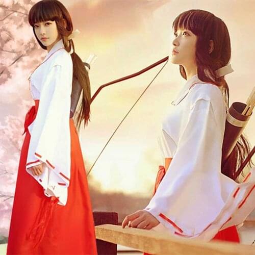 InuYasha Kikyo Miko Kimono Cosplay Costume Japanese Witch Costume Womens White Kimono Red Hakama Pants Outfit Halloween Costume