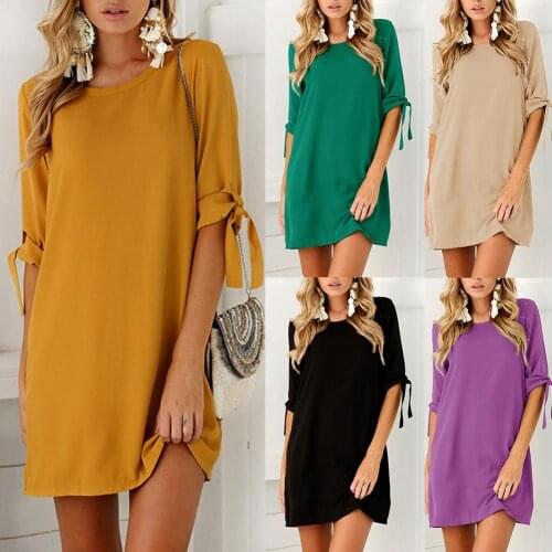 Summer Women Dress 2021 Casual Women Solid Color O Neck Half Tied Sleeve Loose Plus Size Mini Dress Female Long Sleeve Dress