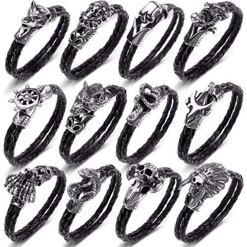 Men Genuine Leather Bracelet Punk Ferocious Wolf Skull Charm Exaggeration Cuff Bracelets for Women 40 Styles Available Jewelry