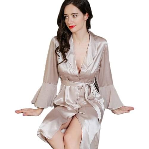P9952 New Fashion Long-sleeved Sexy Robe Female Spring and Summer 100% Silk Pajamas Bathrobe Women Home Clothes
