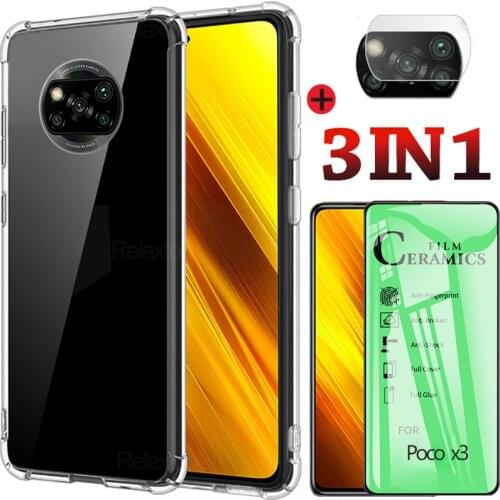 Protective case for poco x3 nfc case + Soft Ceramics film for poco fone x3 cover Back Transparent Cases for Xiaomi poco x3 Case