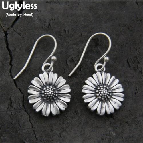 Uglyless Real S925 Thai Sterling Silver Girls Lovely Handmade Engraved Daisy Earrings Women Ethnic Elegant Floral Brincos Bijoux