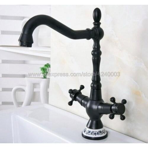 Basin Faucets Black Oil Brass Bathroom Sink Faucet 360 Degree Swivel Spout Double Cross Handle Bath kitchen Mixer Taps Knf646