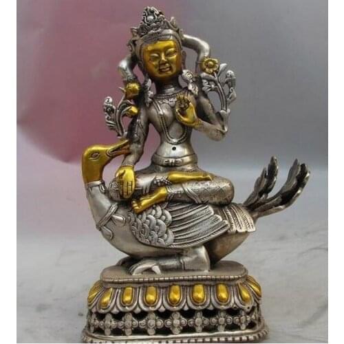 Tibet Buddhism White Copper Silver Fane Duck Kwan-yin Guanyin Bodhisattva Statue fast