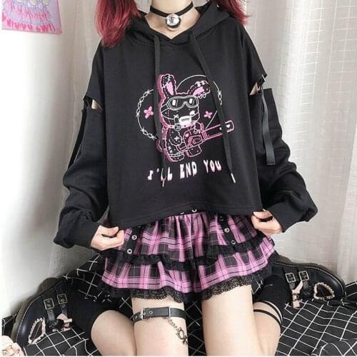 Hoodie bunny print Women Harajuku Kpop Gothic punk Autumn Winter Kawaii Sweatshirt Hoody Female Aesthetic tee black grunge