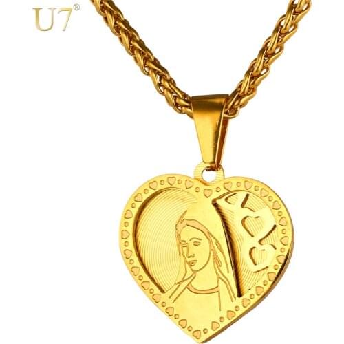 U7 Brand Heart Necklace & Pendant For Women Gold Color Stainless Steel Catholic Religious Mother Virgin Mary Jewelry Gift P724