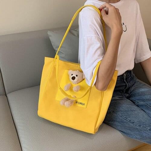 Large Capacity Canvas Womens Handbag Cute Cartoon Bear Female Shoulder Bags Travel Totes Purse Girl Daily Shopping Bag