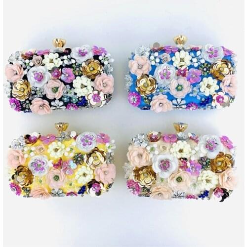 Womens Evening Clutch Bags Retro Colorful Floral Handbag Beaded Handbag Metal Chain Purses Wedding Party Prom Bag