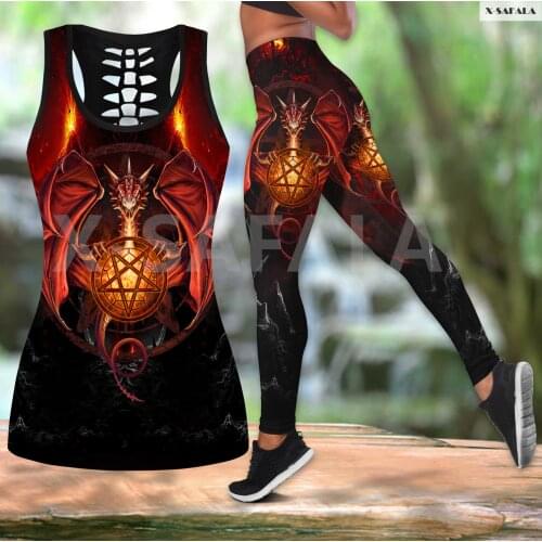 Gothic Fire Dragon 3D Printed Women Two Piece Yoga Set Vest Hollow Combo Tank Top Legging Waist Sport Fitness Quick Dry E20