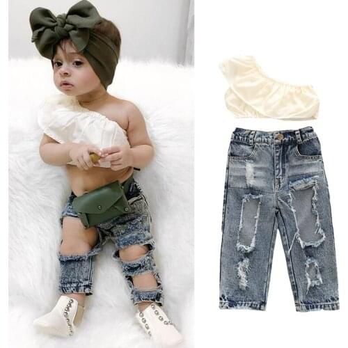 1-6Y Summer Kids Girls Clothes Sets One Shoulder Ruffles Solid Vest Tops Hole Denim Pants