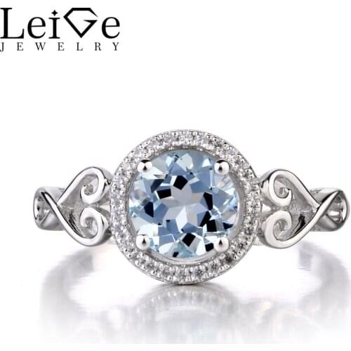 Leige Jewelry Natural Aquamarine 925 Sterling Silver Ring Round Cut Gemstone March Birthstone Engagement Wedding Rings for Women