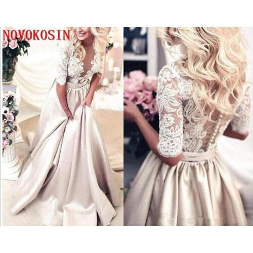 Champagne Wedding Dress With Pockets A-Line Lace Applique Satin Half Sleeves Deep V Neck See though vestido de novia Bridal Gown