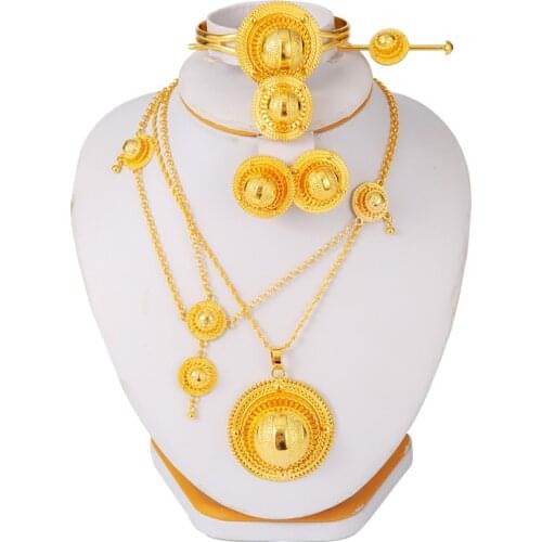 Gold Ethiopian collares Dubai jewelry sets for Women Habesha Earring Ring Pendant Hairpin Headchain African bridal wedding Gift
