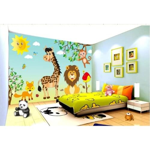 3d wall murals wallpaper for childrens room Cartoon prairie animal lion giraffe monkey background photo wallpaper for walls 3 d