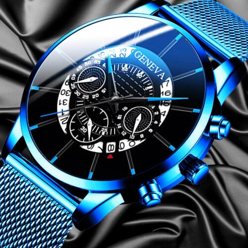 Luxury Mens Fashion Business Calendar Watches Blue Stainless Steel Mesh Belt Analog Quartz Watch relogio masculino mens watch