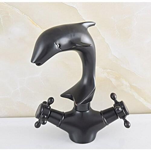 Black Oil Rubbed Bronze Swivel Spout Dual Cross Handles Cute Animal Dolphin Style Bathroom Kitchen Sink Faucet Mixer Tap msf846