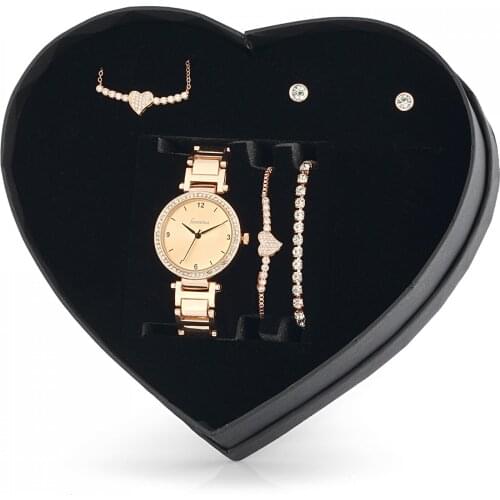 Forentina Rose Zirkon Kalpli Kolye Küpe Bileklik Saat Hediye Set PS1400