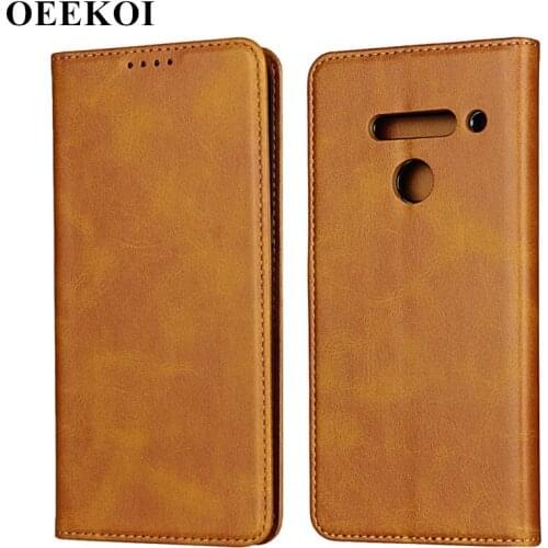 OEEKOI Calf Stripe Magnetic Snap Wallet Leather Case for LG V50 ThinQ