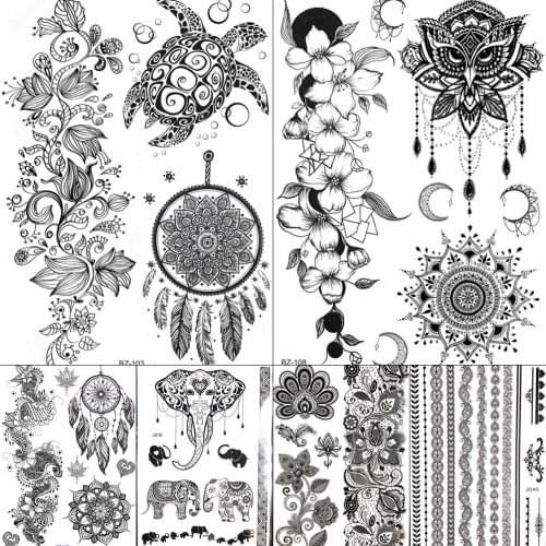 Dream Catcher India Rattan Black Mandala Henna Floral Tattoos Stickers Women Girls Owl Tattoo Temporary Body Arm Art Tatto Paste