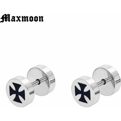 Maxmoon 1Pair Punk Stainless Steel Stud Earring Men Push Back 0.8mm Cross Earring Crosses Barbell Body Piercing Jewelry