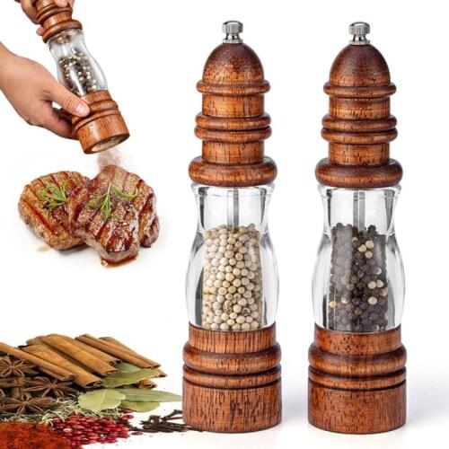 22cm Oak Wood Salt And Pepper Grinder Spice Grinder Handheld Pepper Mills Acrylic Body Manual Adjustable Pepper Mill Salt Shaker